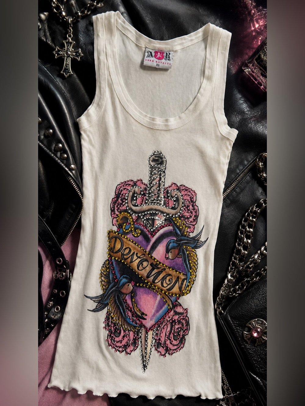 Ankh Royalty Y2K Rhinestone Devotion Tattoo Tank Top XS